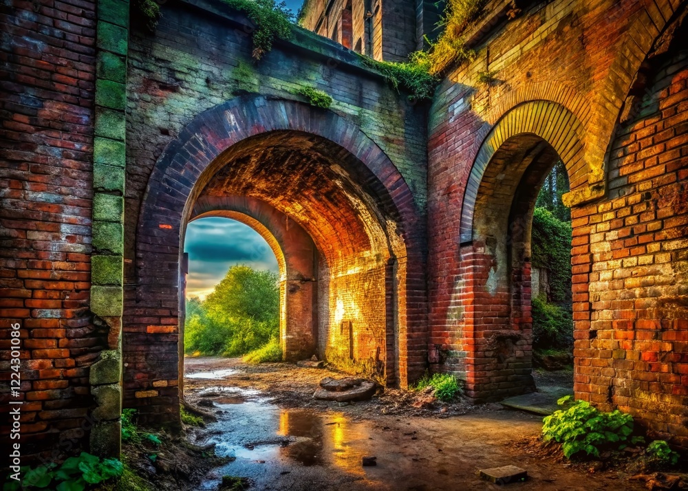 Naklejka premium Abandoned Brick Archway Urban Exploration Photography - Decaying Industrial Structure