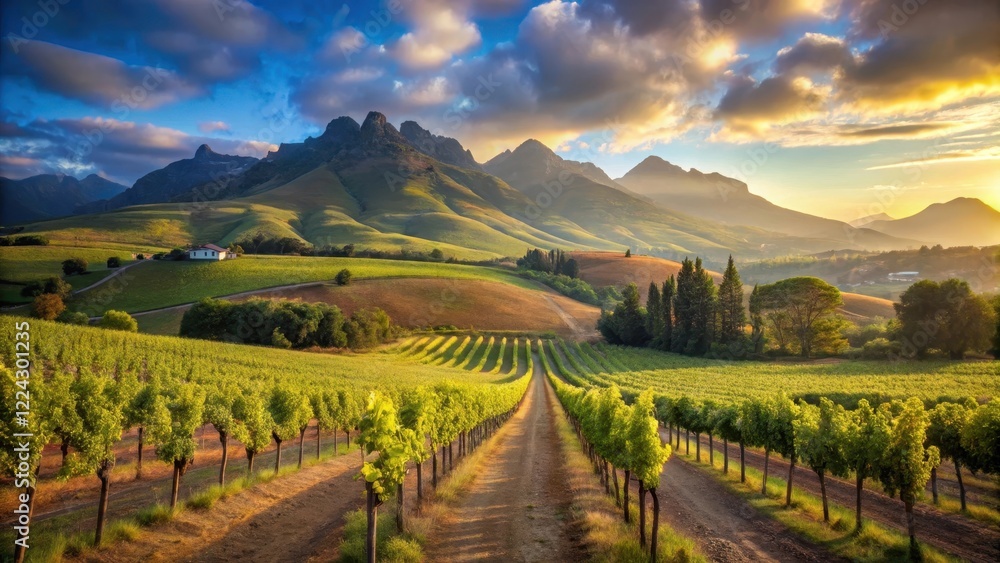 Obraz premium A picturesque vineyard in Stellenbosch's rolling hills, with mature vines stretching towards the sky and a tranquil atmosphere, sunlit fields, scenic countryside