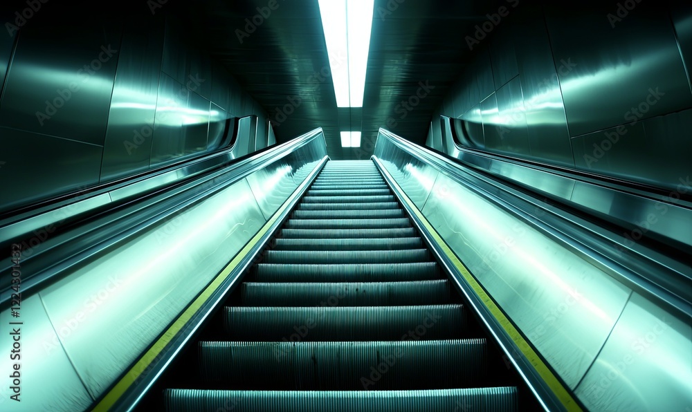 Empty escalator ascending in a dark, futuristic subway station with bright light above Empty escalator ascending in a dark, futuristic subway station with bright light above