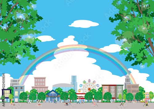 新緑の街並みイラスト. 街行く人々のイラスト.