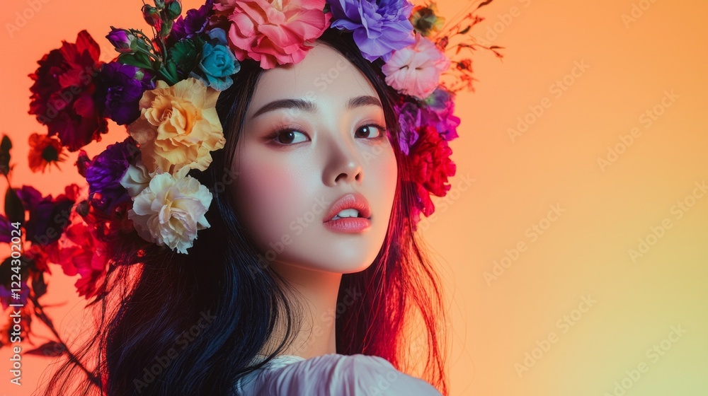 In an enchanting moment, a woman with long hair showcases a delicate floral crown, gazing thoughtfully into the distance with a luminous background. Her expression evokes both beauty and mystery In an enchanting moment, a woman with long hair showcases a delicate floral crown, gazing thoughtfully into the distance with a luminous background. Her expression evokes both beauty and mystery