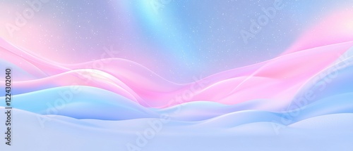 A magical snowfield glowing with soft pastel light gradients in shades of pink and blue, gently flowing over smooth snowdrifts under a crisp, starry winter sky illuminated by a vibrant aurora