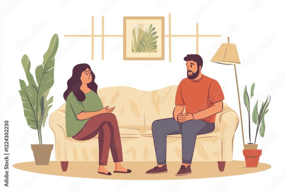 Fototapeta premium Real Apology at Home: Indian Woman Calming Offended Man, Offering Support on Sofa.