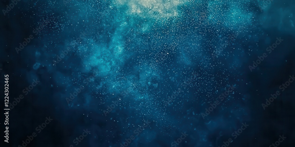 Naklejka premium A minimalist deep-ocean background with a smooth gradient from dark blue to pitch black, accented by a scattering of faintly glowing particles and distant hints of marine life 
