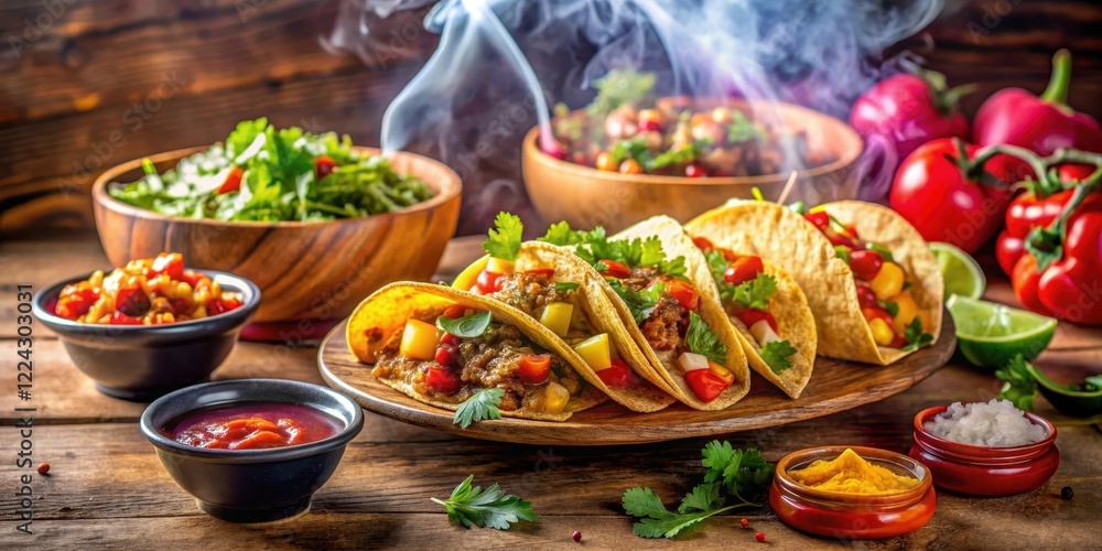 Vibrant taco stand with steaming hot tacos Vibrant taco stand with steaming hot tacos
