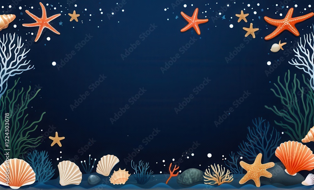 Pixel Art Ocean Frame Starfish, Seashells and Coral on Dark Blue Pixel Art Ocean Frame Starfish, Seashells and Coral on Dark Blue