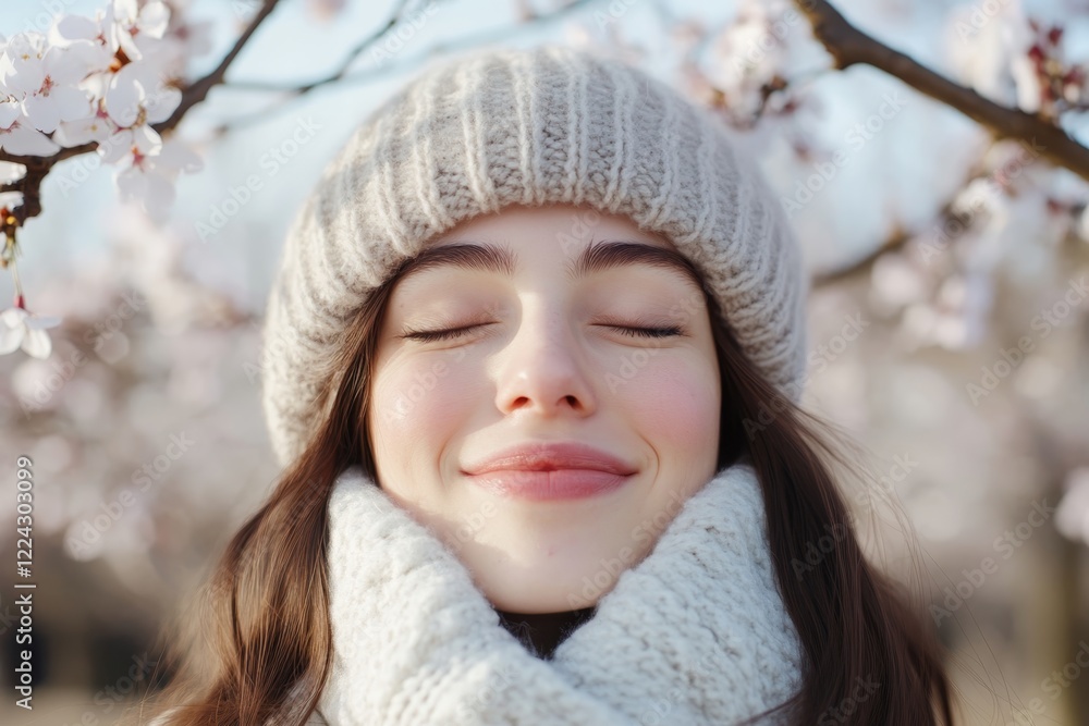 Smiling woman enjoying springtime among blooming cherry blossoms in a serene outdoor setting Smiling woman enjoying springtime among blooming cherry blossoms in a serene outdoor setting