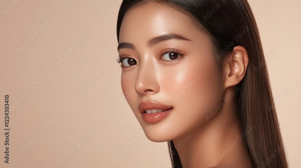 Naklejka premium In a softly lit space, a striking Asian model with long straight hair exhibits a graceful expression, highlighting her flawless complexion and natural radiance