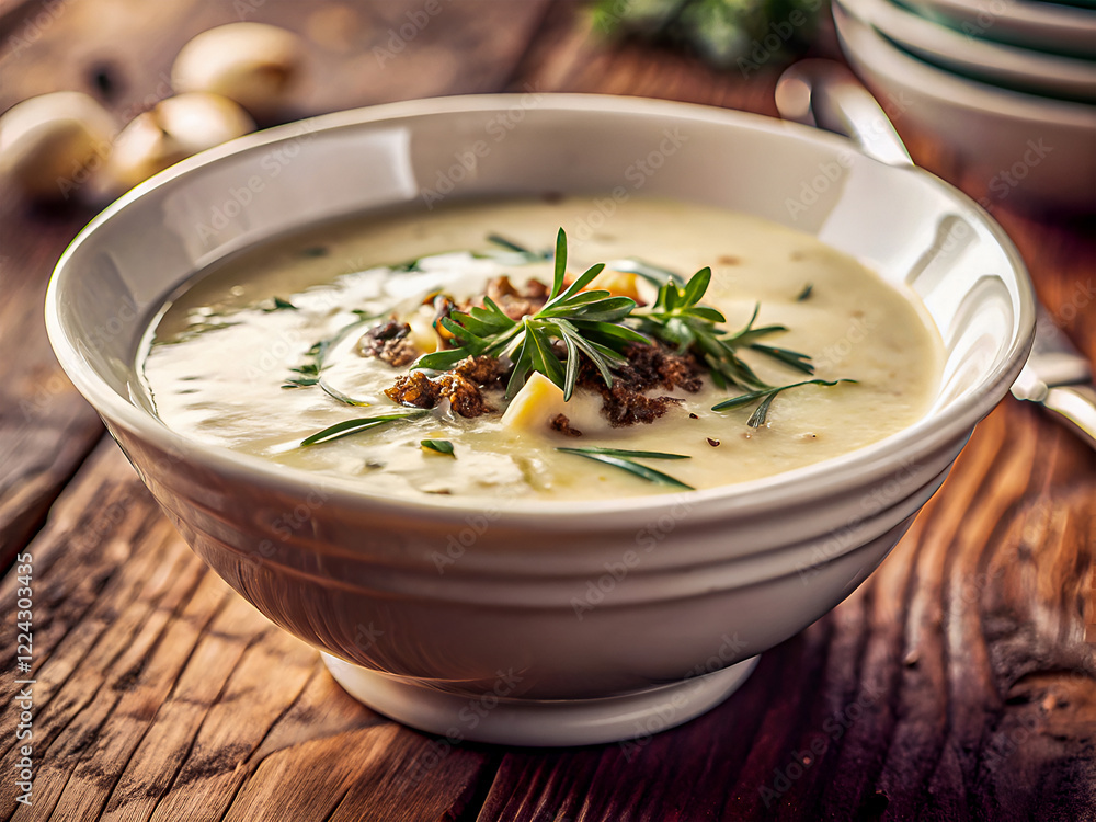 Delicious bowl of soup with green herbs on top. Tasty Food background Delicious bowl of soup with green herbs on top. Tasty Food background