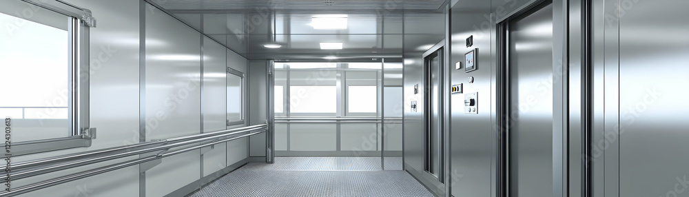 Modern and Spacious Elevator Interior with Sleek Metallic Design Modern and Spacious Elevator Interior with Sleek Metallic Design