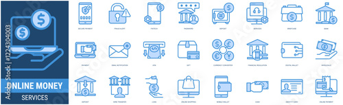Online Money Services Icon set with payment,bank,briefcase,services,deposit,password,fintech,fraud alert,secure payment,email notification,gift,atm,currency converter and financial regulation