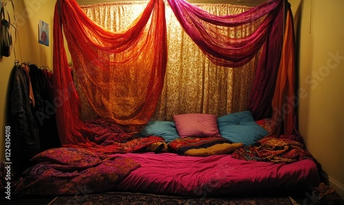 Cozy bohemian bedroom nook with colorful fabrics draped over a low bed, creating a relaxing and intimate atmosphere.