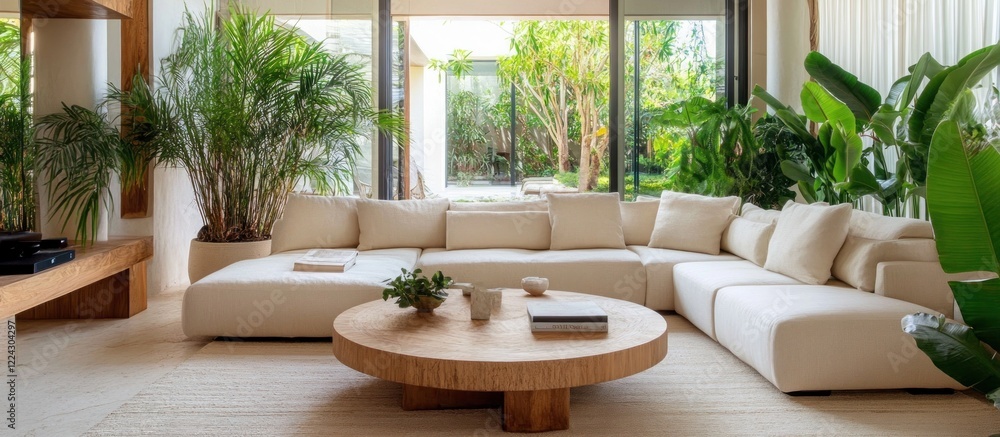 A light-filled living room showcasing a large modular sofa, wooden coffee table, and lush greenery