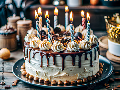 Delicious birthday cake with candles, creamy frosting, and chocolate accents. Tasty Food background photo