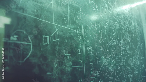 Mathematical equations scribbled on a chalkboard with a greenish hue illuminated by overhead light creating an academic atmosphere.