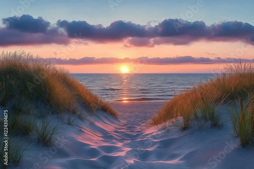 Sunset Over the Calm Ocean with Dune Path and Grassy Beach