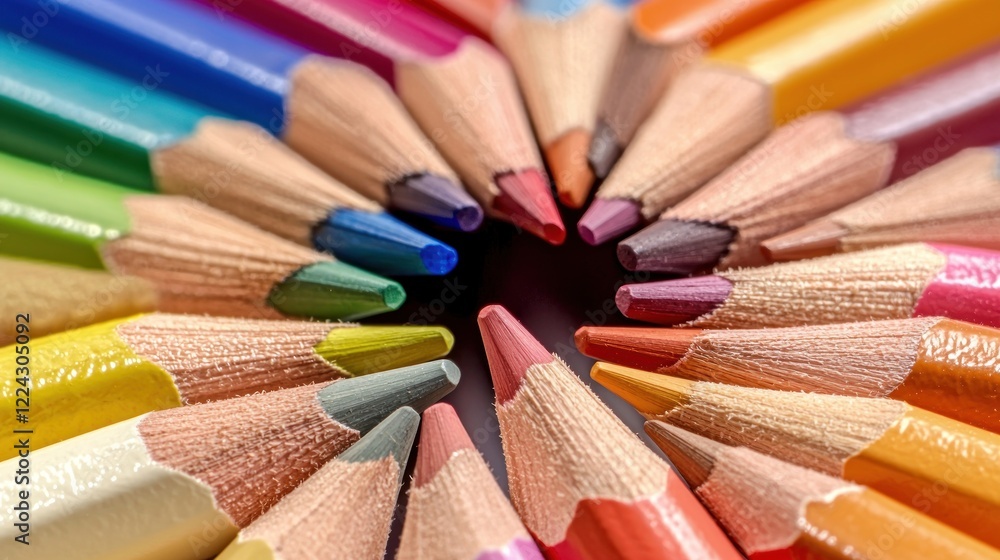 Colorful pencils arranged in circle, close-up, studio shot, art supplies Colorful pencils arranged in circle, close-up, studio shot, art supplies