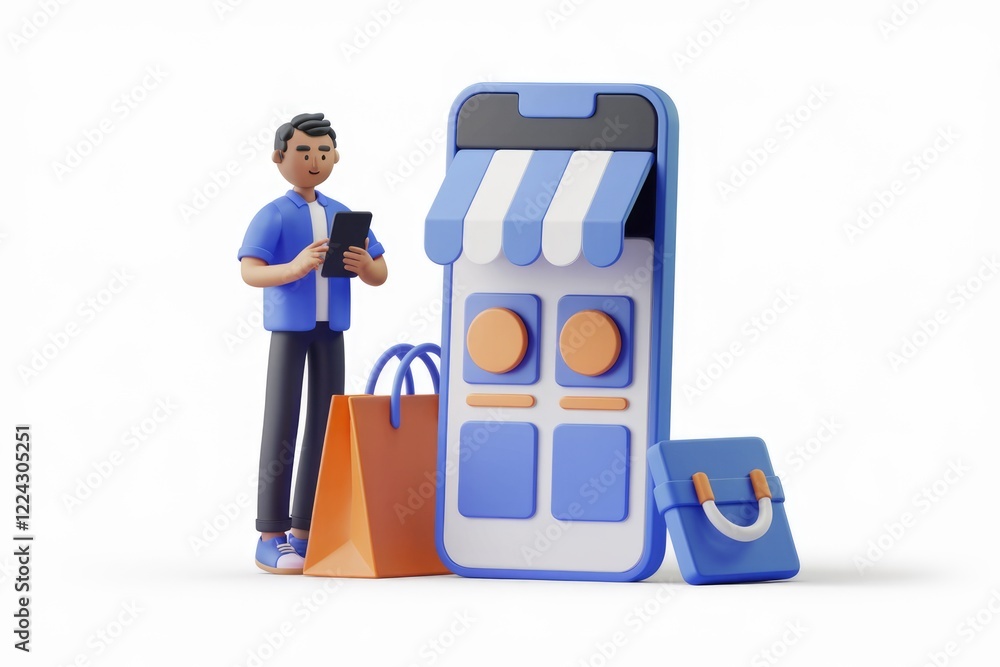 Man With Tablet Beside Giant Smartphone Displaying Digital Storefront Man With Tablet Beside Giant Smartphone Displaying Digital Storefront