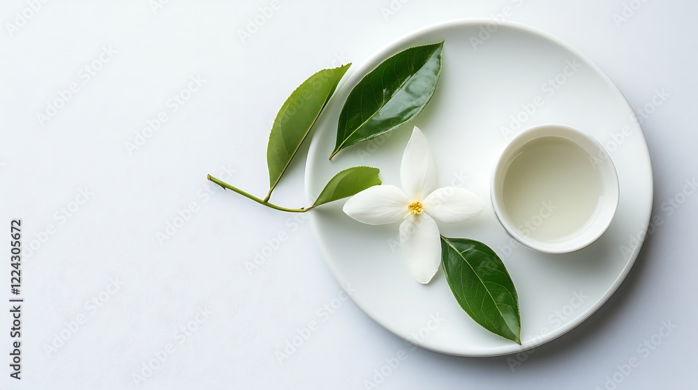 White Flower Tea Leaves Cup Saucer Still Life