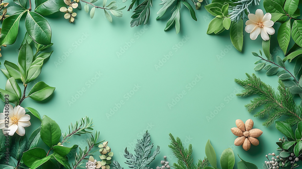 Fototapeta premium Floral and botanical border on a mint green background