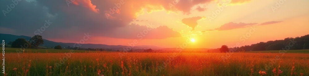 Obraz premium Softly glowing clouds amidst a tranquil meadow at sunset, sunset, warm light