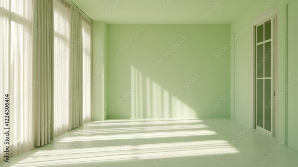 Fototapeta premium Empty light green room with sunlight streaming through sheer curtains and a white door.
