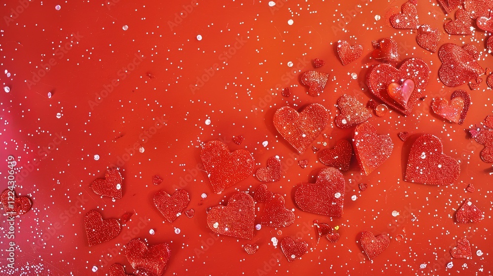 Vibrant red hearts adorned with glitter set against a vivid background, perfectly embodying the Valentine's Day theme. The sparkling hearts are a symbol of love and celebration on this special day.