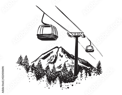Ski lift in the mountains black on white, hand drawn.	
