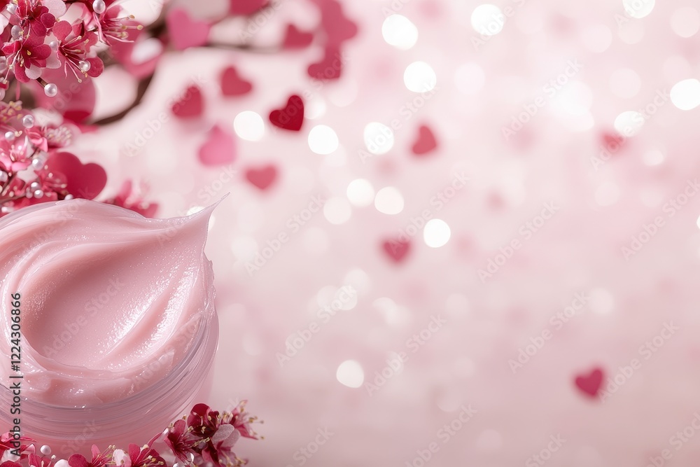 Close-up of Luxury Hydrating Cream Surrounded by Pink Flowers Close-up of Luxury Hydrating Cream Surrounded by Pink Flowers