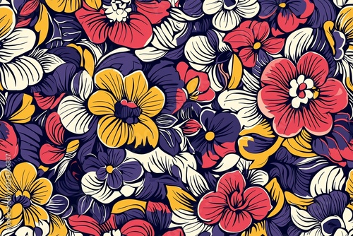 Wallpaper Mural Vibrant floral pattern featuring colorful blooms in shades of red, yellow, and purple on a dark background Torontodigital.ca