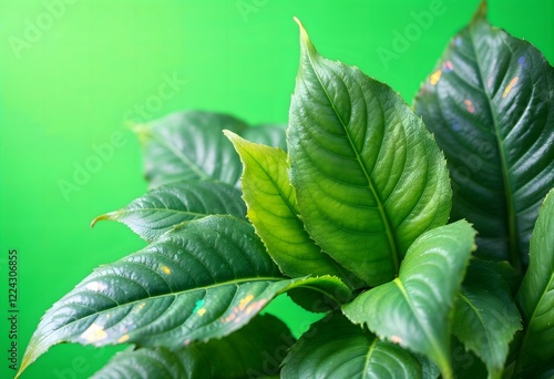 Close-up of vibrant green leaves with water droplets, showcasing lush foliage and natural textures. Perfect for eco-friendly, wellness, or botanical designs; evokes freshness, growth, and a vibrant, h photo