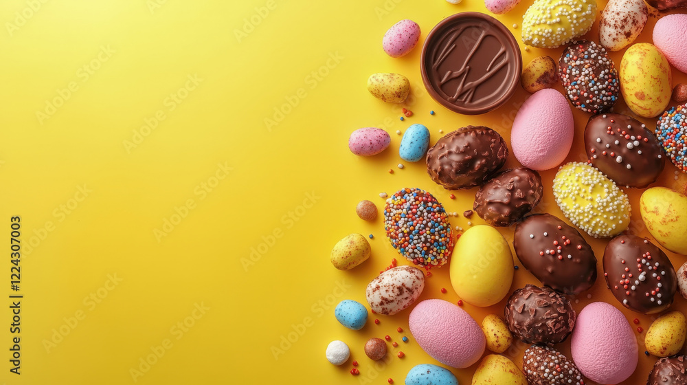 Assorted chocolate and candy Easter eggs with sprinkles on yellow Assorted chocolate and candy Easter eggs with sprinkles on yellow