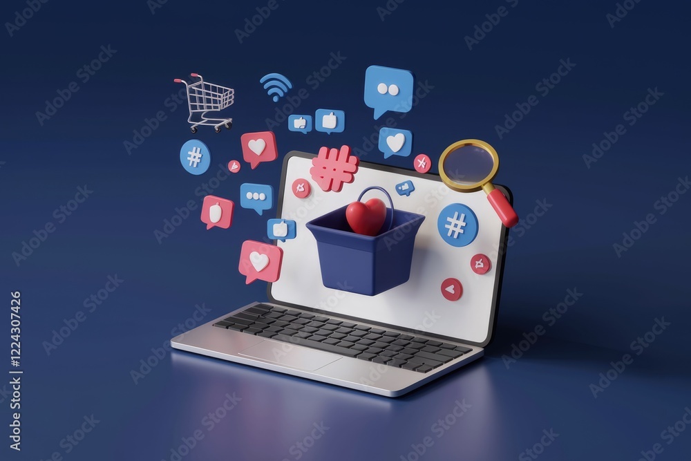 Digital icons on laptop screen for online shopping and social media. Digital icons on laptop screen for online shopping and social media.