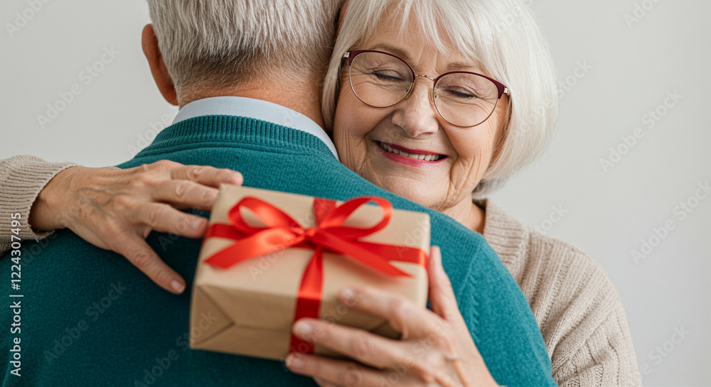 gift exchange between happy couple with a wrapped present embracing together gift exchange between happy couple with a wrapped present embracing together