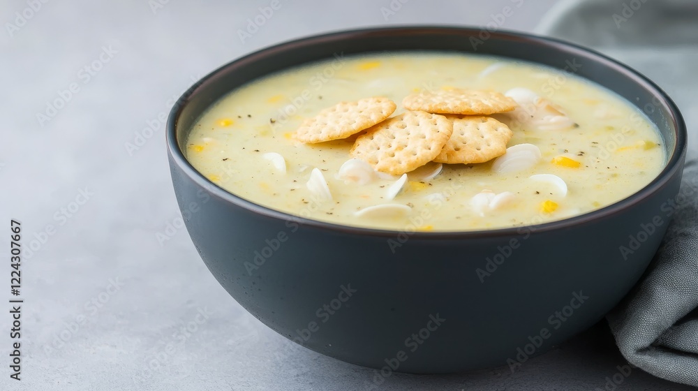 Famous Food of America concept. Creamy soup served in a black bowl with crackers on top. Famous Food of America concept. Creamy soup served in a black bowl with crackers on top.
