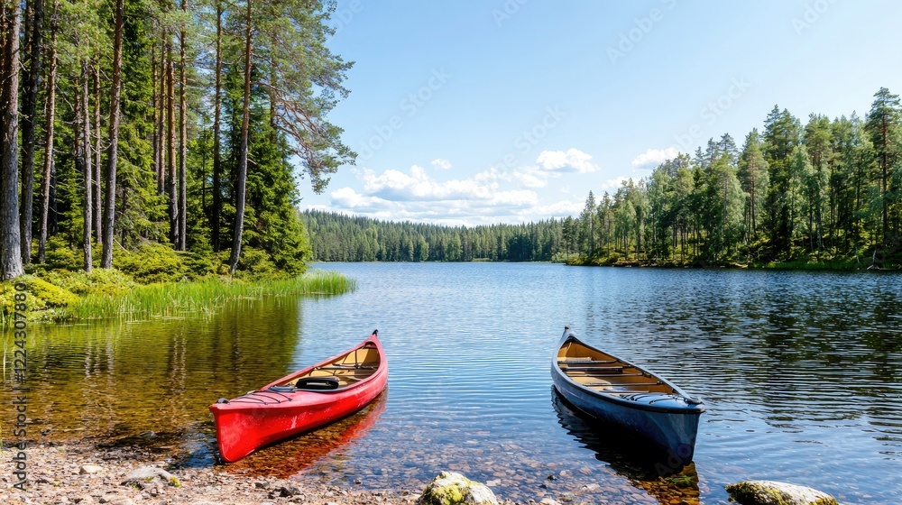 Obraz premium Canoes on a calm lake in a pine forest. Perfect for travel brochures