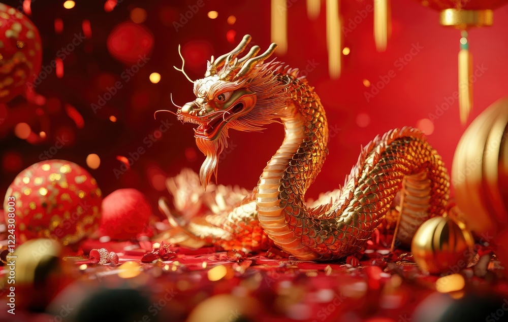 Obraz premium A golden snake sculpture, Chinese New Year atmosphere, red background with paper cut snowflakes and fireworks decoration