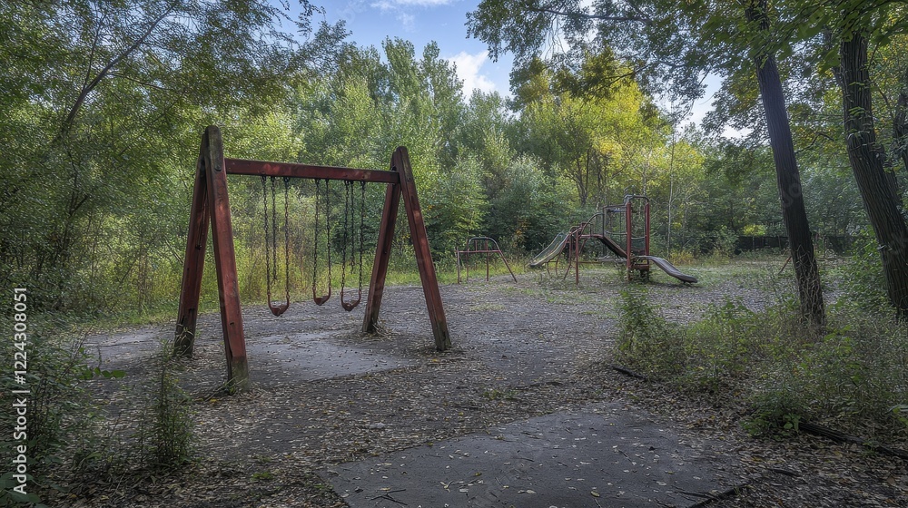 Rusty swings and slide in overgrown playground. Depicts themes of abandonment, decay, and lost childhood. Rusty swings and slide in overgrown playground. Depicts themes of abandonment, decay, and lost childhood.