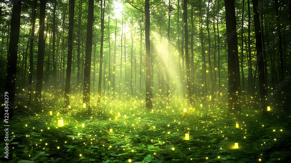 Fototapeta premium Lush forest scene illuminated by sunlight, teeming with glowing flora