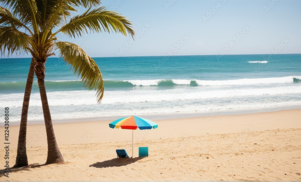 Sunny Tropical Beach Scene with Palm Trees and Colorful Umbrella Sunny Tropical Beach Scene with Palm Trees and Colorful Umbrella