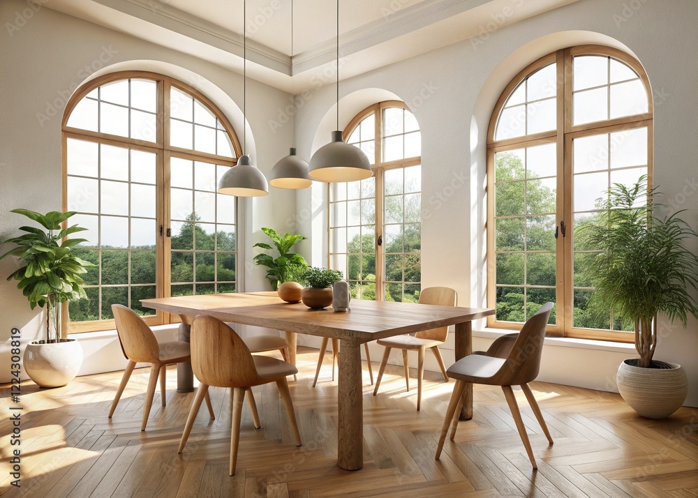 Obraz premium Minimalist Dining Room: Wooden Table & Arched Windows - Stock Photo