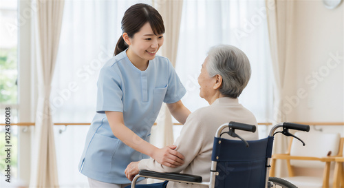 車椅子のシニアの女性と介護士