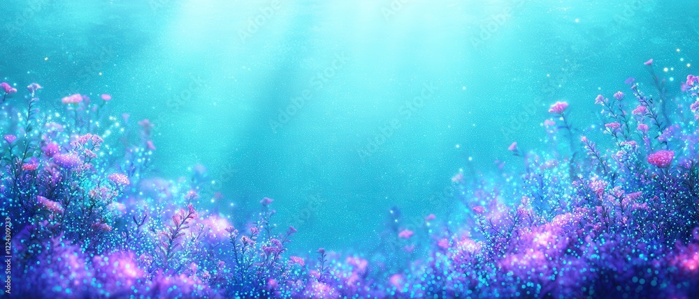 Fototapeta premium A surreal underwater world with glowing bioluminescent coral reefs in shades of turquoise and purple, softly lit by gentle waves of light filtering through the deep blue water, evoking a peaceful 