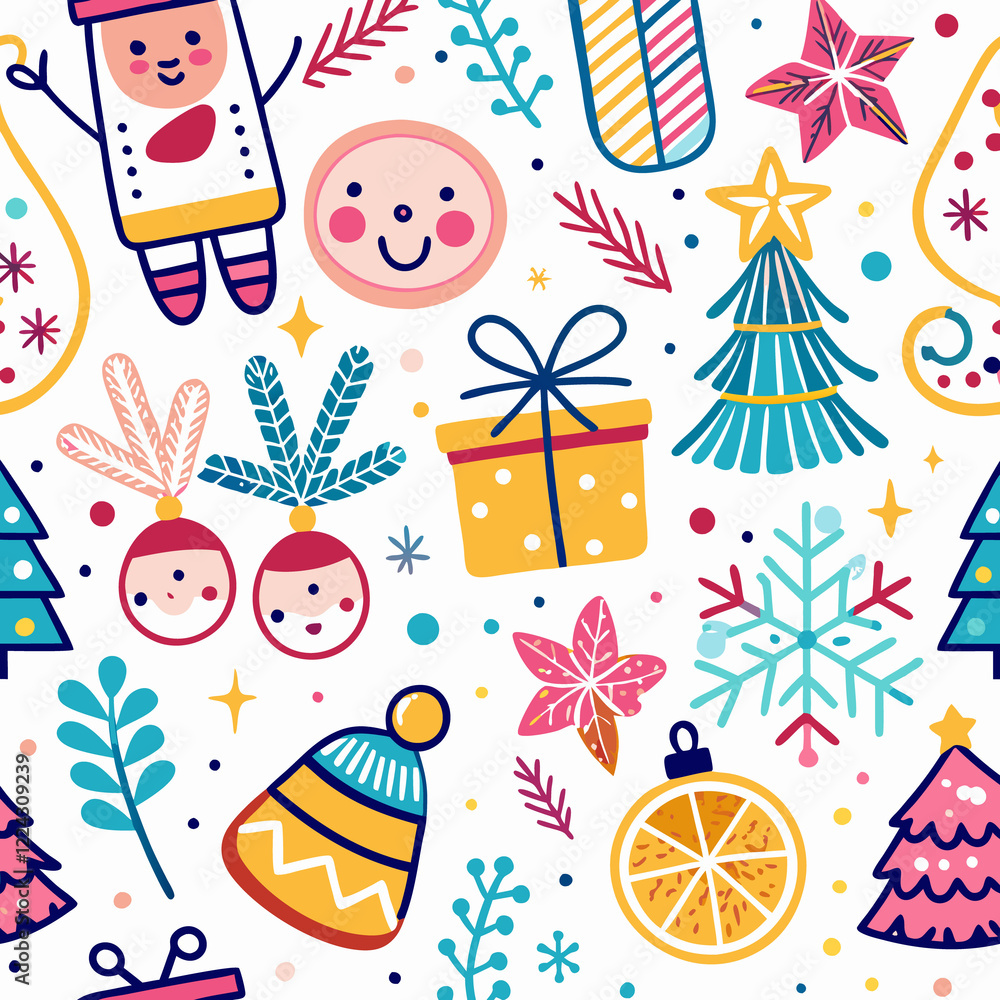 Fototapeta premium Festive Christmas seamless pattern with cute characters and holiday elements.
