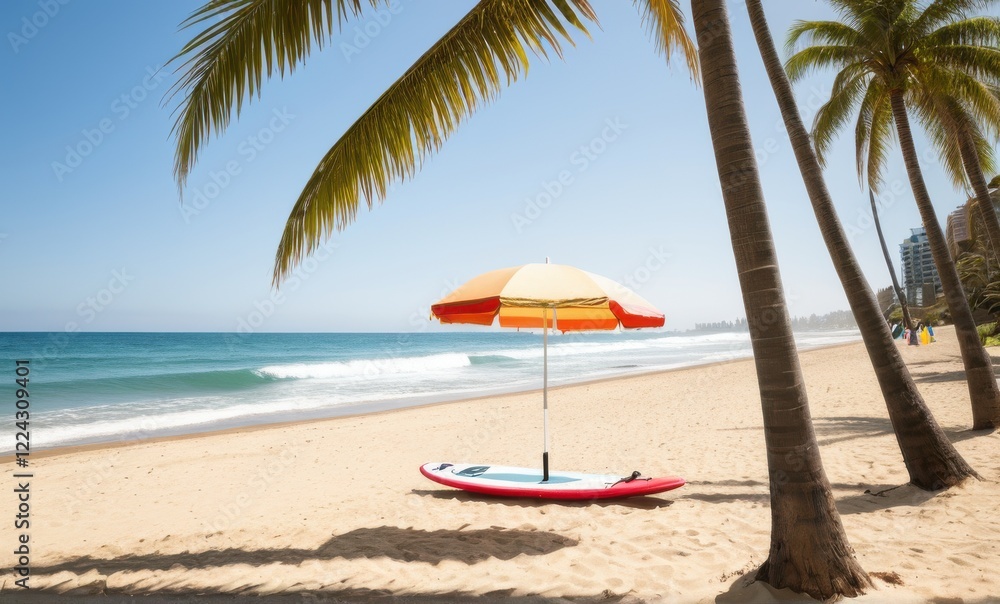 Sunny Tropical Beach Scene with Red Surfboard and Colorful Umbrella Sunny Tropical Beach Scene with Red Surfboard and Colorful Umbrella