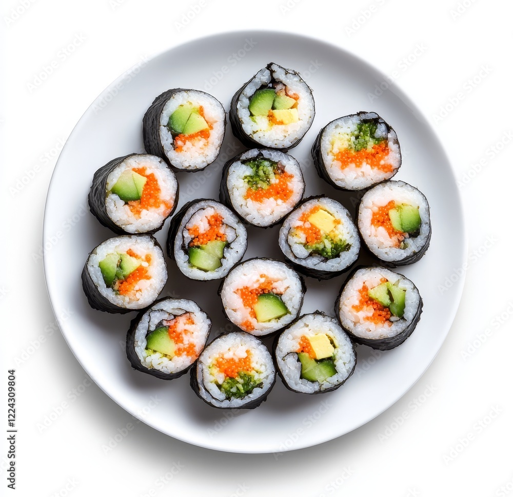 Assorted vegetarian sushi rolls on a white plate. Assorted vegetarian sushi rolls on a white plate.