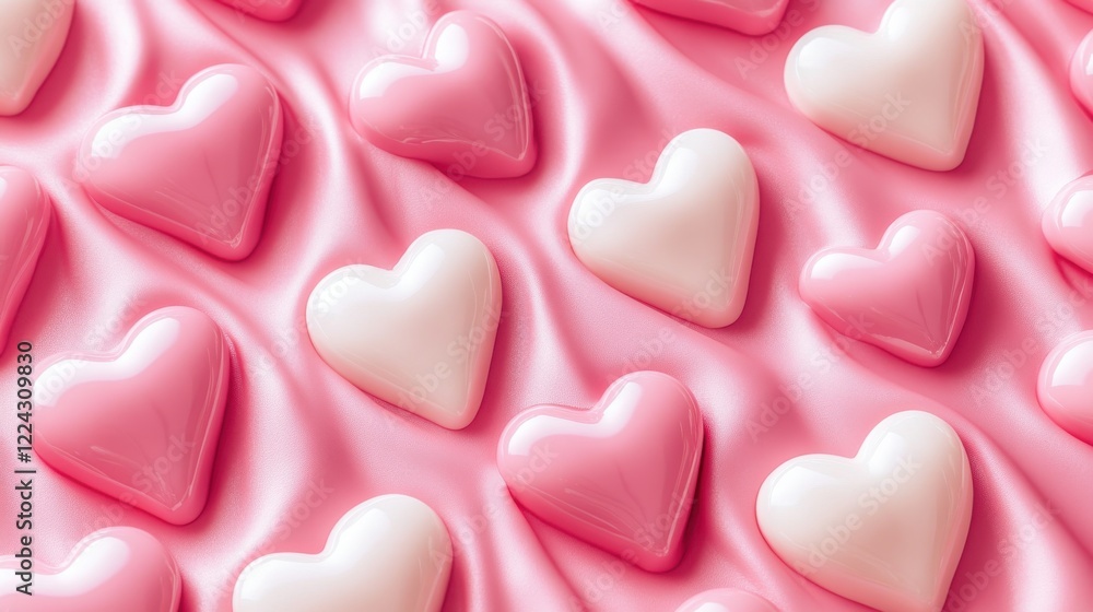 Pink And White Heart Shaped Decorations On Pink Satin Fabric Pink And White Heart Shaped Decorations On Pink Satin Fabric