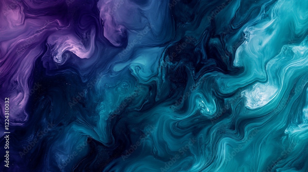 Obraz premium Abstract swirling liquid paint in teal, purple, and dark blue hues.