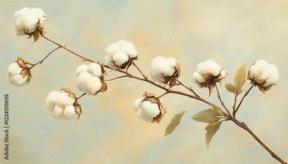 Delicate Cotton Branch on Painted Canvas Background with Soft Warm Tones Delicate Cotton Branch on Painted Canvas Background with Soft Warm Tones
