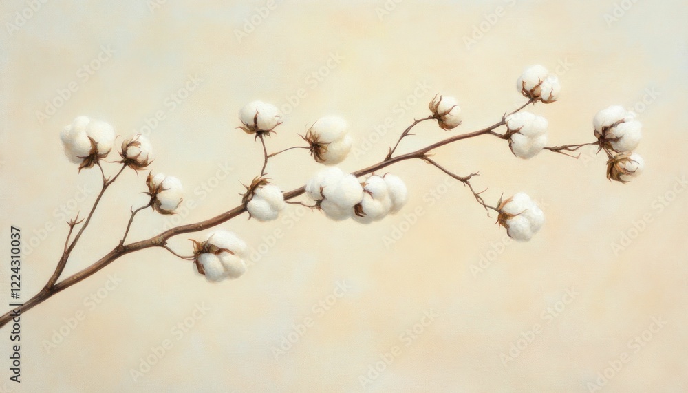 Delicate cotton branch illustration against a soft neutral background